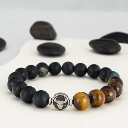 Браслет зодиак Телец из тигрового глаза и агата