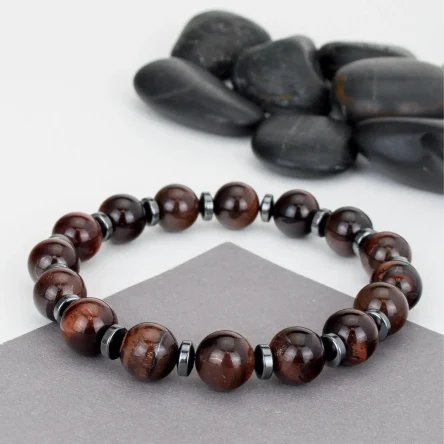 Браслет из натурального тигрового глаза (красный) и гематита