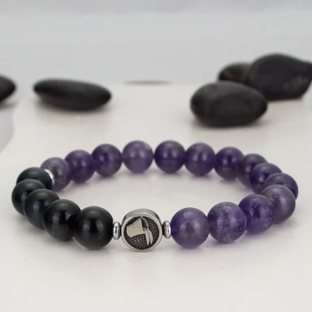 Браслет зодиак Водолей из натурального аметиста и соколиного глаза