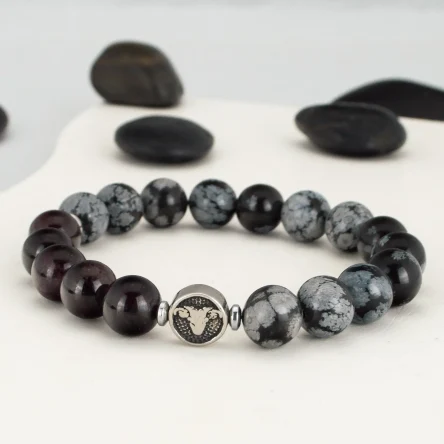 Браслет зодиак Овен из граната и обсидиана