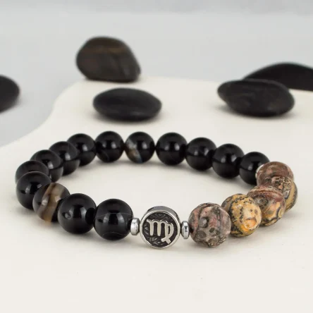 Браслет зодиак Дева из агат и леопардовой яшмы