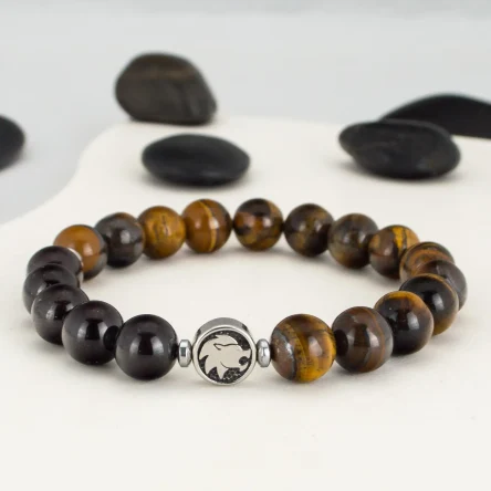 Браслет зодиак Лев из тигрового глаза и гранат